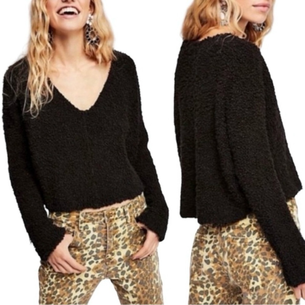 FREE PEOPLE Black Boho Oversized Popcorn Knit V-Neck Pullover Sweater XS